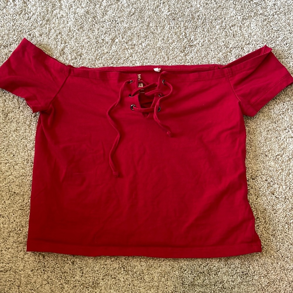 ME to WE essentials red shoulder shirt; Size small